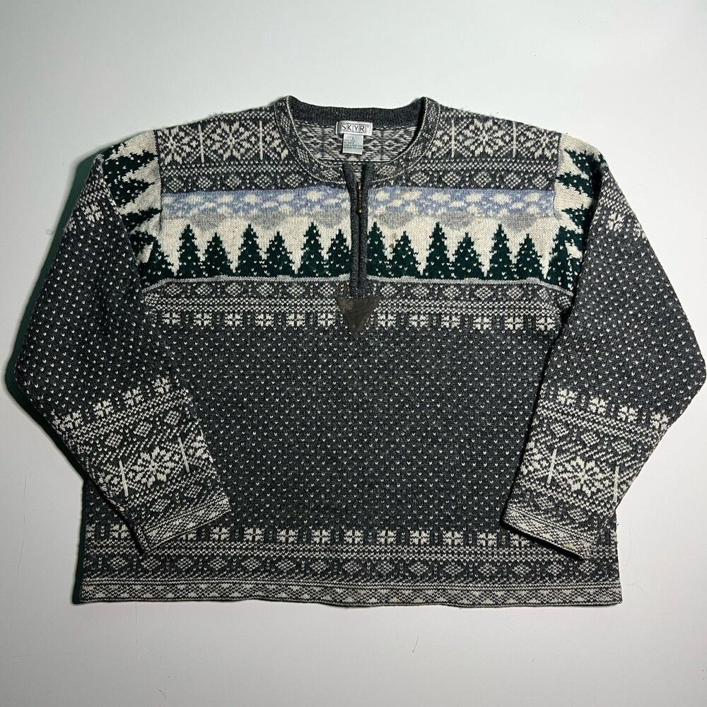 Vtg Skyr Sweater Women's Size L 100% Wool Pine Trees Grandma Core Cottagecore